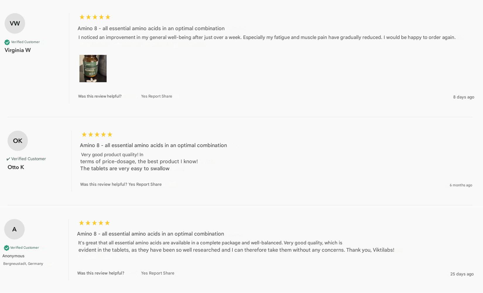 Hashimoto Img. 7 en Screenshot of three verified customer reviews for the product “Amino 8 – all essential amino acids in an optimal combination.”