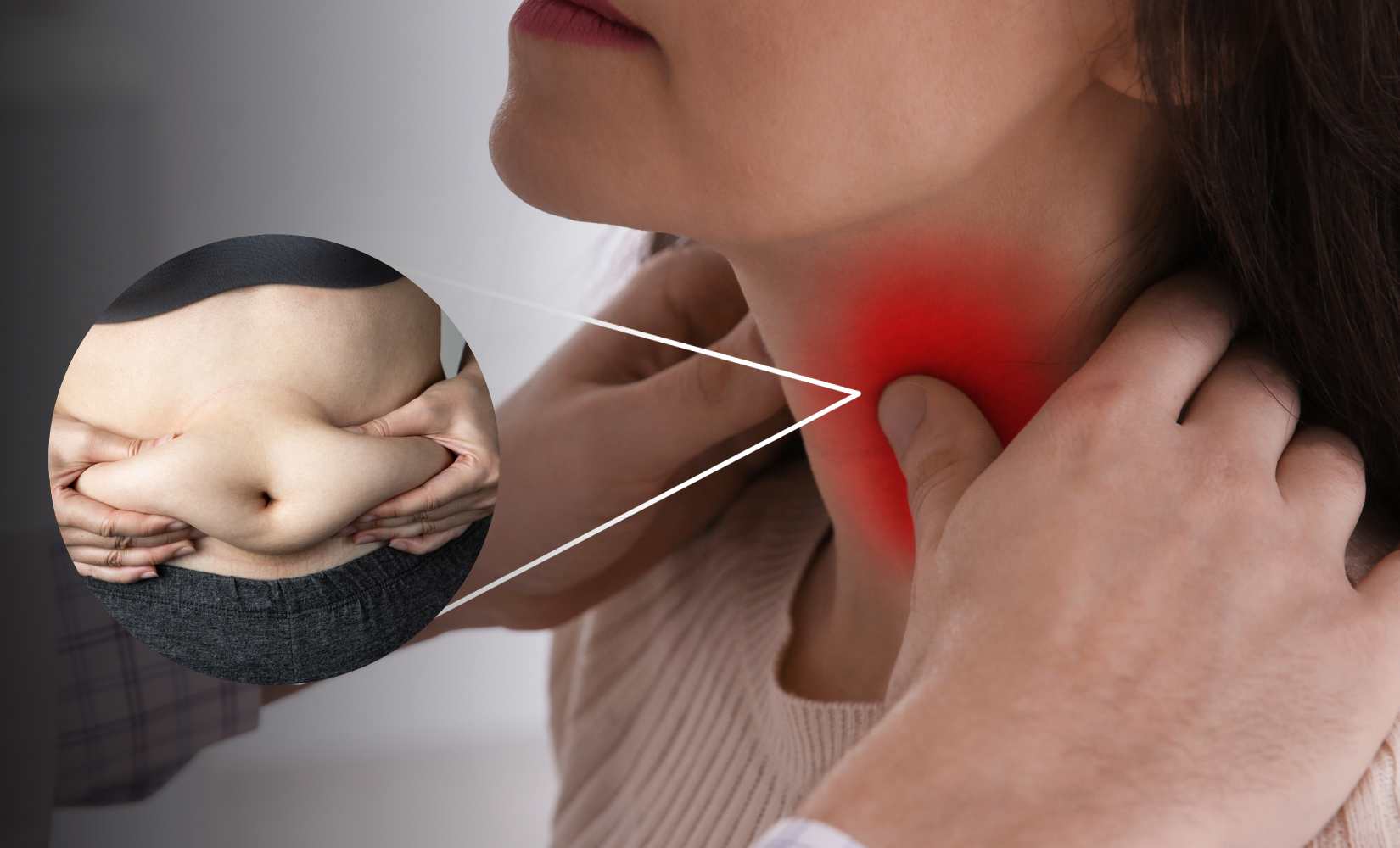 Hashimoto Img 1 A woman is having her neck examined by another person, with the area around her thyroid gland highlighted in red to indicate inflammation or pain. An inset circle shows a close-up of a person pinching abdominal fat, suggesting a connection between thyroid issues and weight gain.