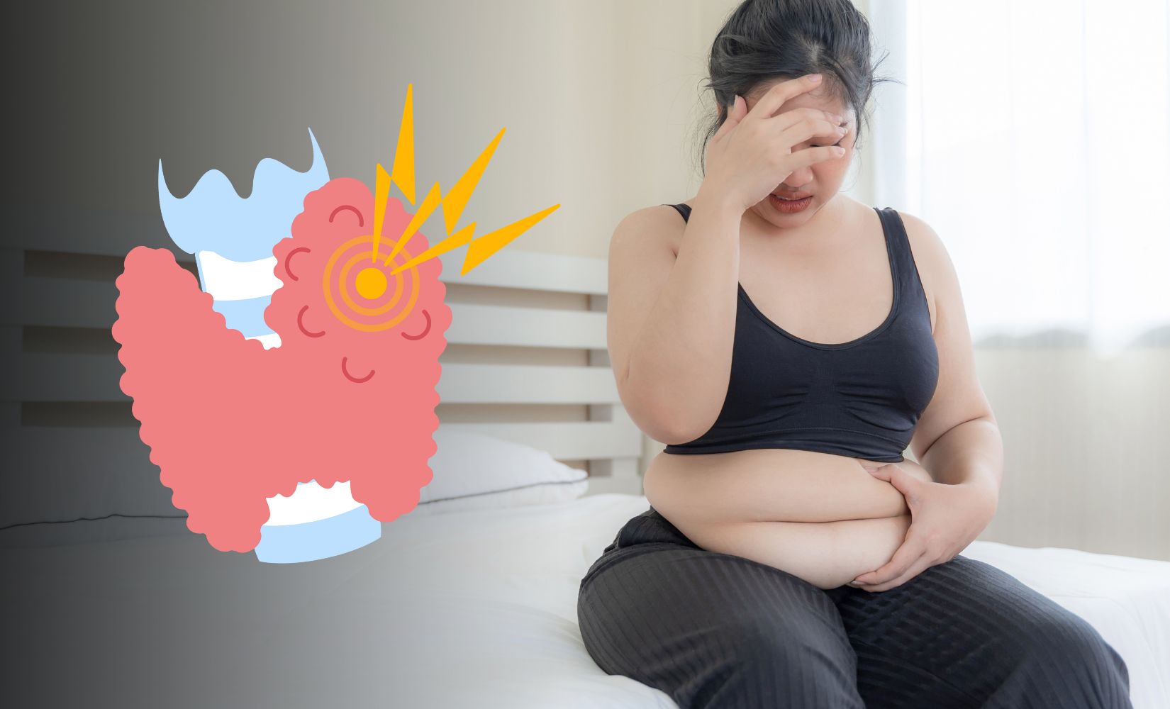Hashimoto Img. 2 A woman sits on a bed in a dimly lit room, looking distressed while holding her abdomen and covering part of her face with one hand. She appears to be experiencing discomfort or fatigue. Next to her is a large illustrated graphic of a thyroid gland with a red bullseye and yellow lightning bolts, symbolizing thyroid pain or dysfunction.